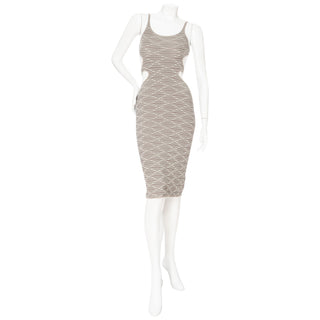 Hervé Léger Gray Patterned Cutout Bodycon Dress in Size XS. Available for purchase online and in store at Decades Los Angeles.