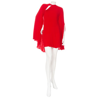 Valentino Garavani Red Silk-Georgette Cape-Effect Bodysuit Mini Dress in Size IT 44 or US 10. Available at designer and vintage specialty consignment shop Decades in Los Angeles.