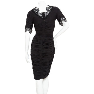 Black Lace Trim Ruched Dress