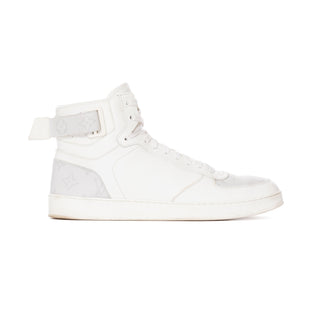 Preowned Men's Louis Vuitton Rivoli White and Gray Leather Monogram High-Top Sneakers in Size 9. Available at vintage and designer specialty consignment shop Decades in Los Angeles.