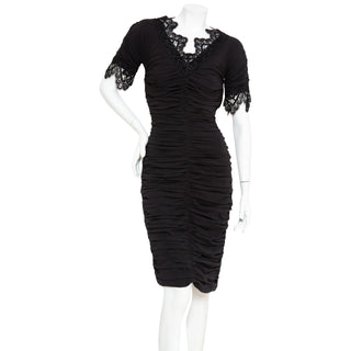 Black Lace Trim Ruched Dress