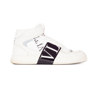 Preowned Men's Valentino Garavani White and Black VL7N Web Logo High-Top Sneakers in Size 43.5. Available at vintage and designer specialty consignment shop Decades in Los Angeles.