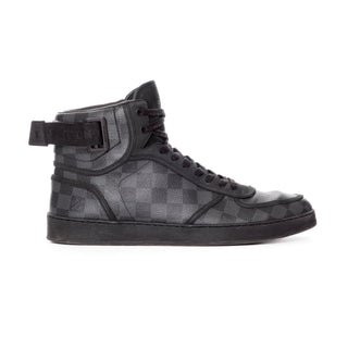 Preowned Men's Louis Vuitton Rivoli Damier Graphite Black High-Top Sneakers in Size 9. Available at vintage and designer specialty consignment shop Decades in Los Angeles.