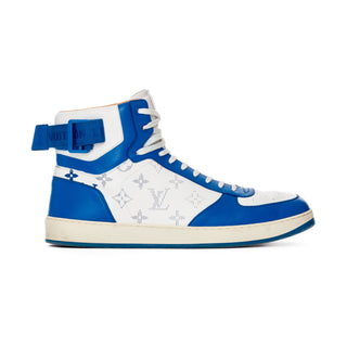 Preowned Men's Louis Vuitton Rivoli Blue and White Leather Monogram High-Top Sneakers in Size 9. Available at vintage and designer specialty consignment shop Decades in Los Angeles.