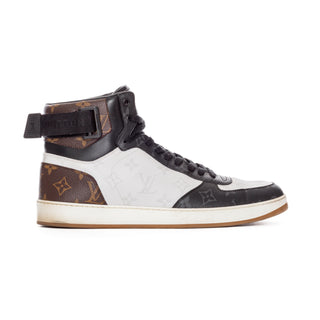 Preowned Men's Louis Vuitton Rivoli Tricolor Leather Monogram High-Top Sneakers in Size 9. Available at vintage and designer specialty consignment shop Decades in Los Angeles.
