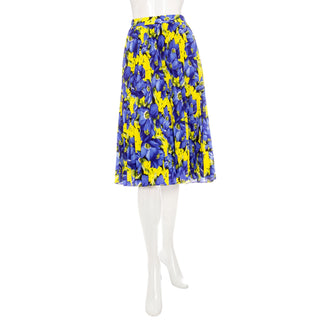 Blue and Yellow Crêpe de Chine Floral-Print Pleated Skirt