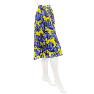 Blue and Yellow Crêpe de Chine Floral-Print Pleated Skirt