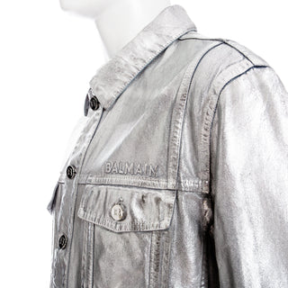 Silver-tone Metallic Finish Logo-Embossed Denim Jacket