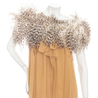 1979 Beige Silk and Ostrich Feather Slit Evening Dress