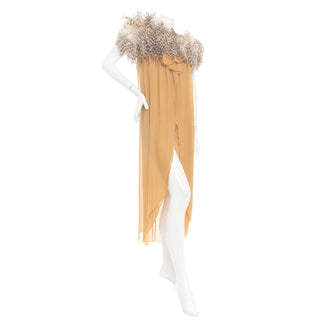 1979 Beige Silk and Ostrich Feather Slit Evening Dress