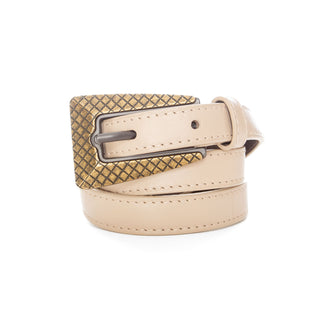 Bottega Veneta cream leather belt with hatched two-tone oxidized buckle in Size Small or 65cm, available at designer and vintage specialty consignment shop "Decades" in Los Angeles.