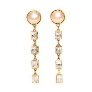 1984 Gold-Plated Pearl and Rhinestone Dangle Clip-On Earrings