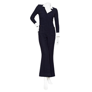 1990s Navy Blue Wool and Satin Collared Jumpsuit