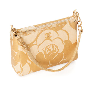 2003 Raffia Gold Camellia Print Shoulder Bag