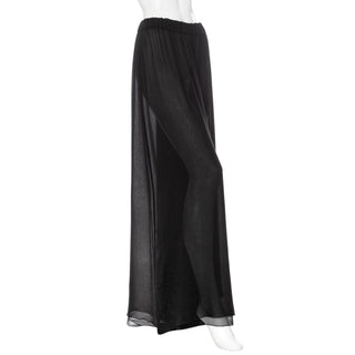 2016 Black Silk Chiffon Semi Sheer Wide Leg Palazzo Pants