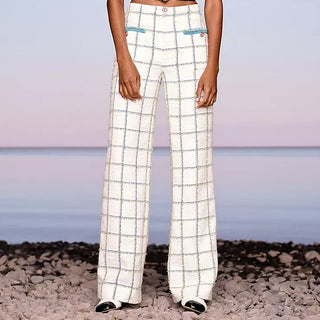 White Checkered Tweed Patch Pocket Wide-Leg Pants