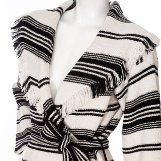 Black and White Striped Wool Fringed Cardigan