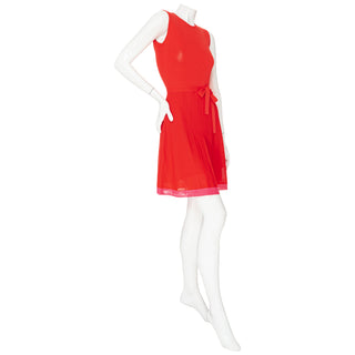 Red and Pink Viscose Knit Sleeveless Pleated Dress