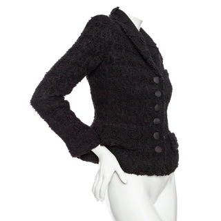 Black Wool-Blend Bouclé and Floral Crochet Blazer