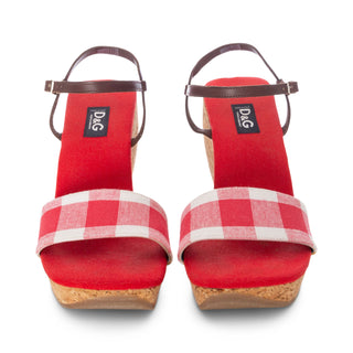 D&G 1990s Red and White Picnic Plaid Cork Wedge Sandals