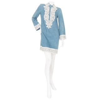 Long sleeve denim blue lace applique shift dress by Gucci in a Size Small available at designer and vintage specialty consignment shop "Decades" in Los Angeles.