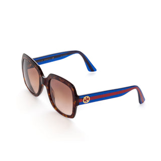 Gucci oversized square Havana brown tortoise sunglasses with blue glitter and red stesms. Style GG0036S 54mm, available at designer and vintage specialty consignment shop "Decades" in Los Angles.