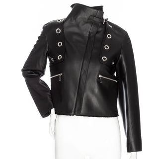 Black Leather Shearling-Lined Cropped Biker Jacket