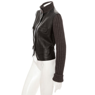 Brown Leather Knit Sleeve Biker Jacket