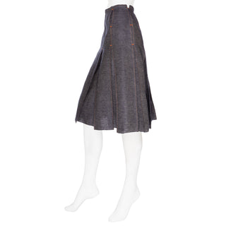 Navy Blue Linen Pleated A-Line Skirt