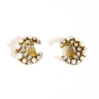 Vintage Gold-Tone and Crystal Crescent Moon Clip-On Costume Earrings