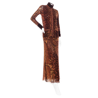 1990s Maille Femme Brown Mesh Leopard Two-Piece Dress and Cardigan Set