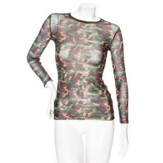 Jean Paul Gaultier Vintage vintage Classique green camo print mesh long sleeve top in Size Small, available at designer and vintage specialty consignment shop "Decades" in Los Angeles.