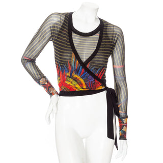 Jean Paul Gaultier vintage Soleil black striped abstract floral print long sleeve wrap top and tank top set in Size Small, available at designer and vintage specialty consignment shop "Decades" in Los Angeles.