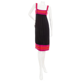 1990s Black Viscose and Pink Knit Sleeveless Midi Dress