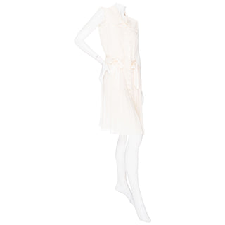Cream Silk Lace-Trim Sleeveless Bow Dress