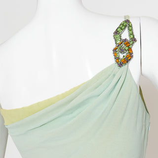 Late 1980s Green Crystal and Silk One Shoulder Dress