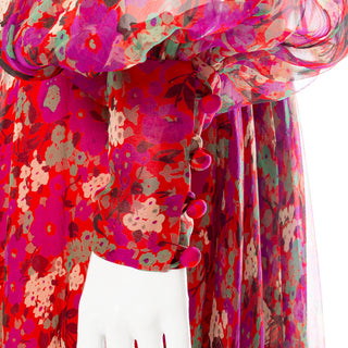 Multicolored Silk Floral-Print Bishop Sleeve Tent Dress
