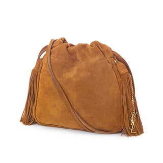 Saint Laurent Helena small light ochre brown suede drawstring shoulder bag with two tassels at each end and metal chain-link YSL fringe accent. Available at designer and vintage specialty consignment shop "Decades" in Los Angles.