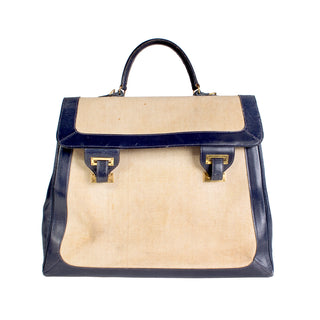 Vintage Navy Leather and Toile Canvas Top Handle Bag