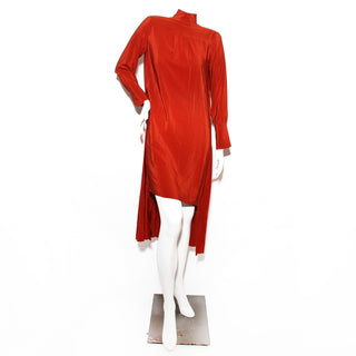 Red Crêpe High Neck Asymmetrical Dress