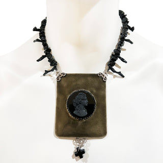 1998 Black Beaded and Brass Cameo Necklace