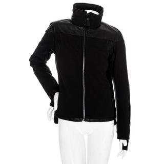 Black Leather-Trim Waterproof Paneled Ski Jacket