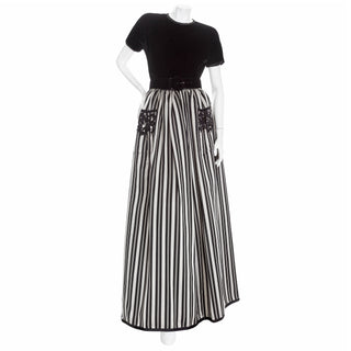 1980s Black Velvet Top and Silk Striped Skirt Set