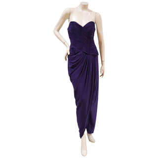 1980s Purple Silk Strapless Draped Gown