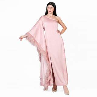 Zsa Zsa caftan in pink and feather trim, available in One Size Fits All at vintage and designer specialty shop "Decades," and designed by Cameron Silver.