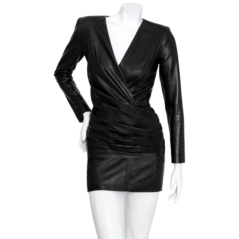 Balmain Surplice Leather Mini Dress
