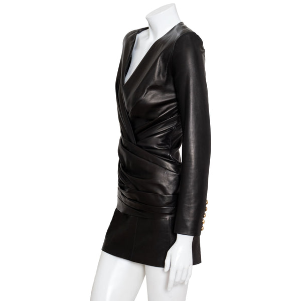 Balmain Surplice Leather Mini Dress