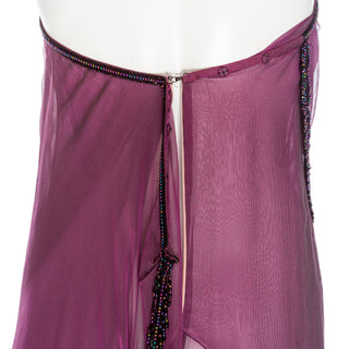 1980s Purple Silk Beaded Semi Sheer Halter Neck Dress