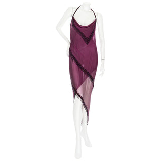 1980s Purple Silk Beaded Semi Sheer Halter Neck Dress