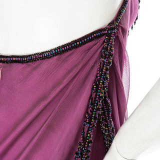 1980s Purple Silk Beaded Semi Sheer Halter Neck Dress